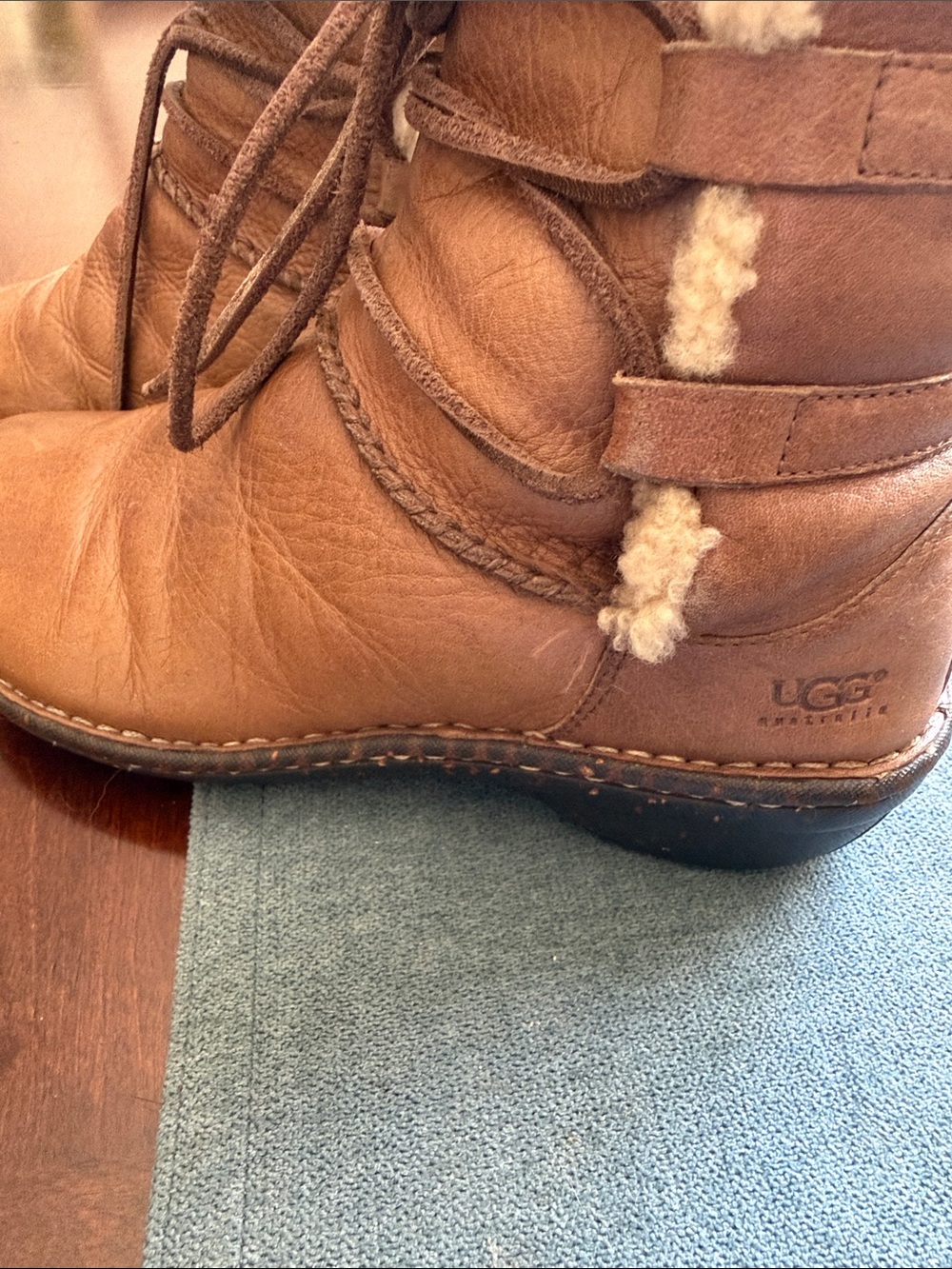 UGG Tan Leather Shearling-Trim Lace-Up Ankle Boots.